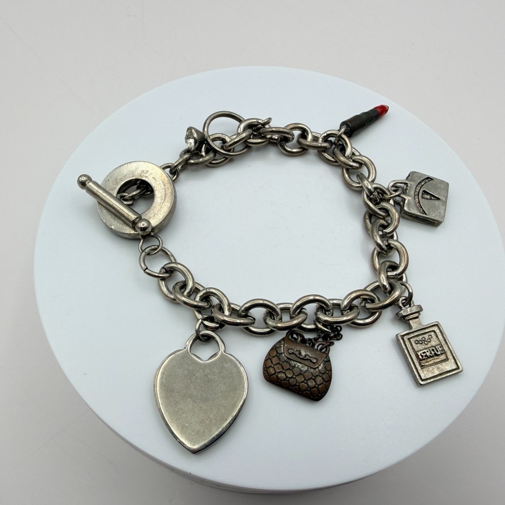 Vintage Y2K Silver Tone Heart Purse Perfume Lipstick Charm Bracelet Jewelry